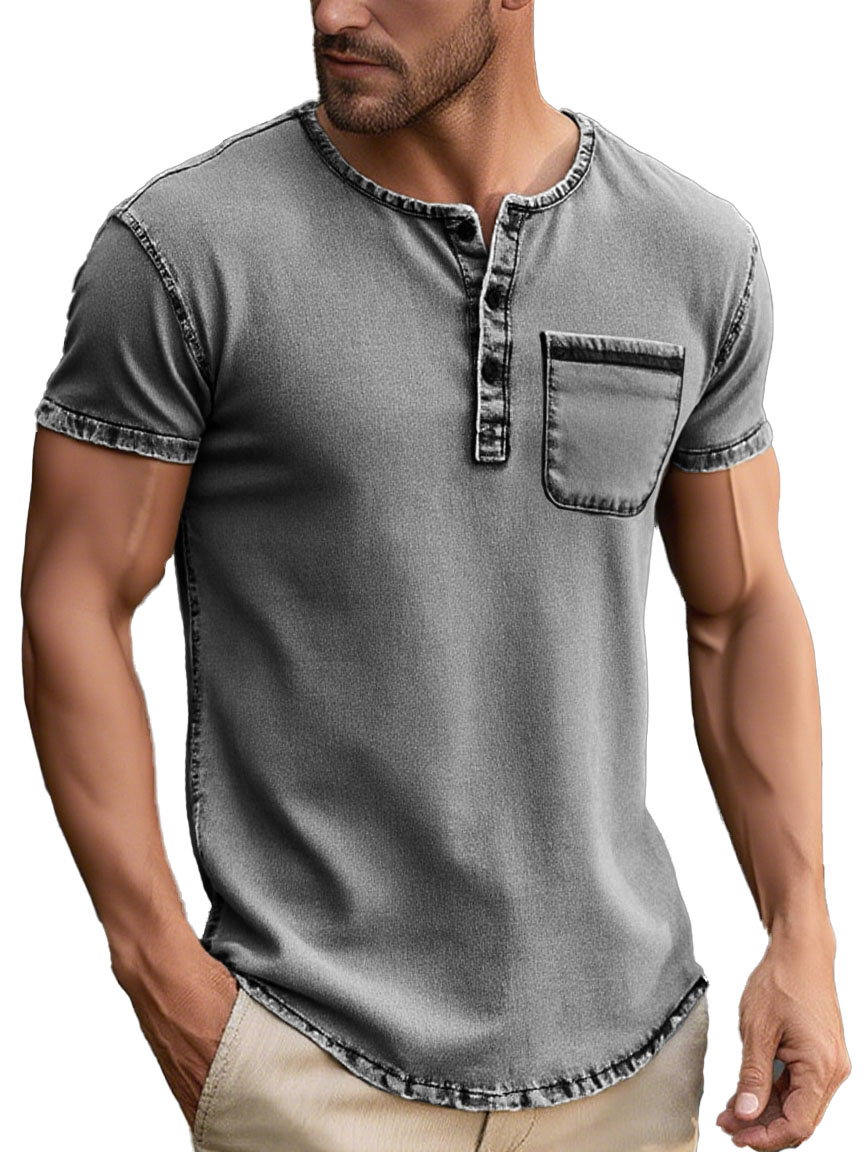 Men's Fashion Daily Distressed Fabric Pocket Short-sleeved Henley Shirt