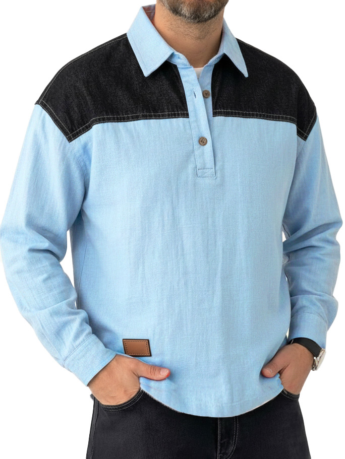 Men's Fashionable Casual Patchwork Collared Loose Long-Sleeve Polo Shirt