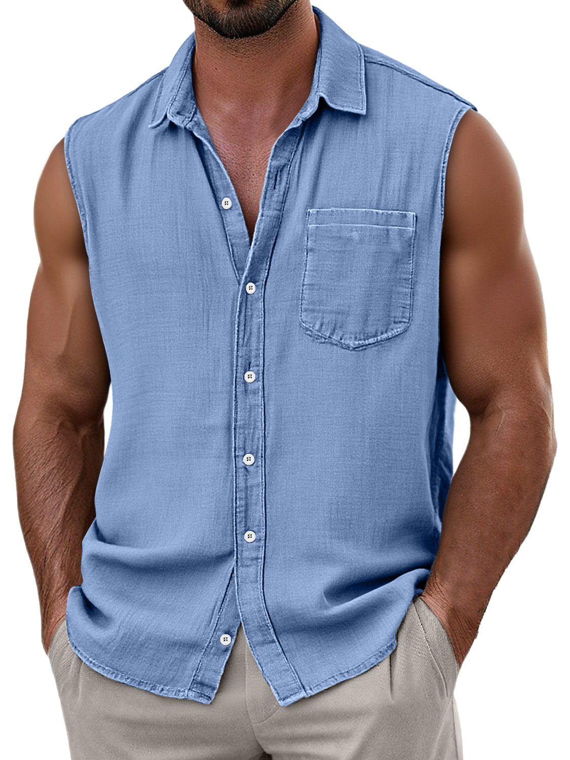 Men's Daily Faux Linen Casual Pocket Comfort Sleeveless Shirt