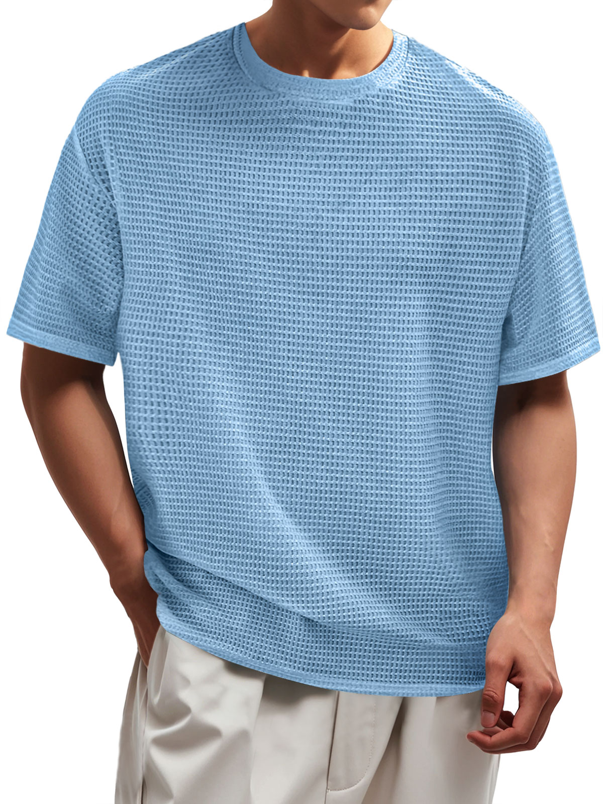 Men's Waffle Everyday Round Neck Casual Solid Color Short Sleeve T-Shirt
