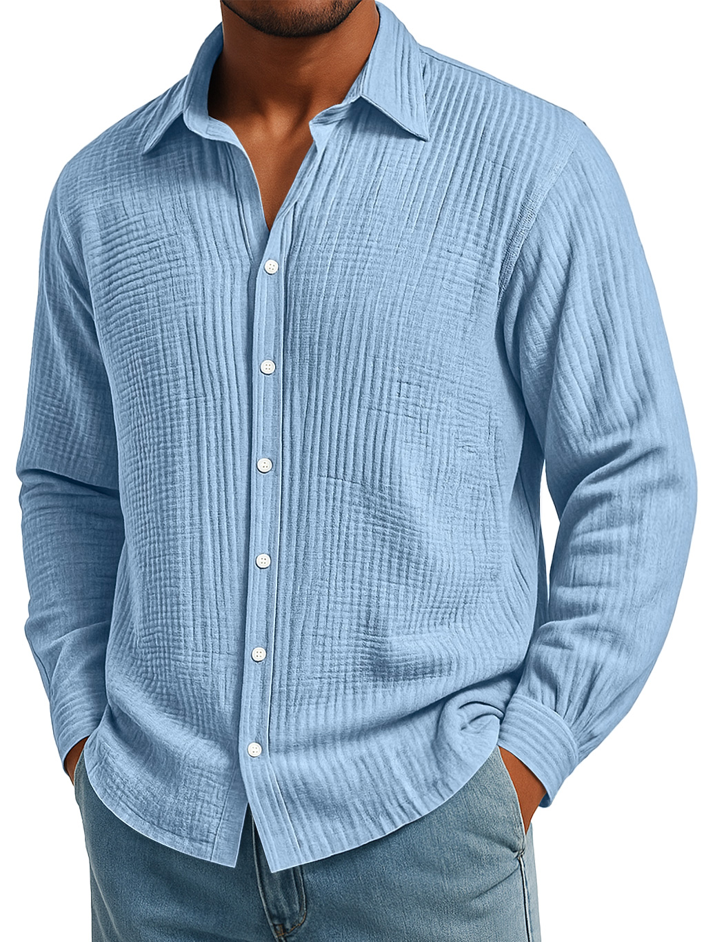 Men's Daily Pleated Texture Loose Casual Solid Color Long-sleeved Shirt