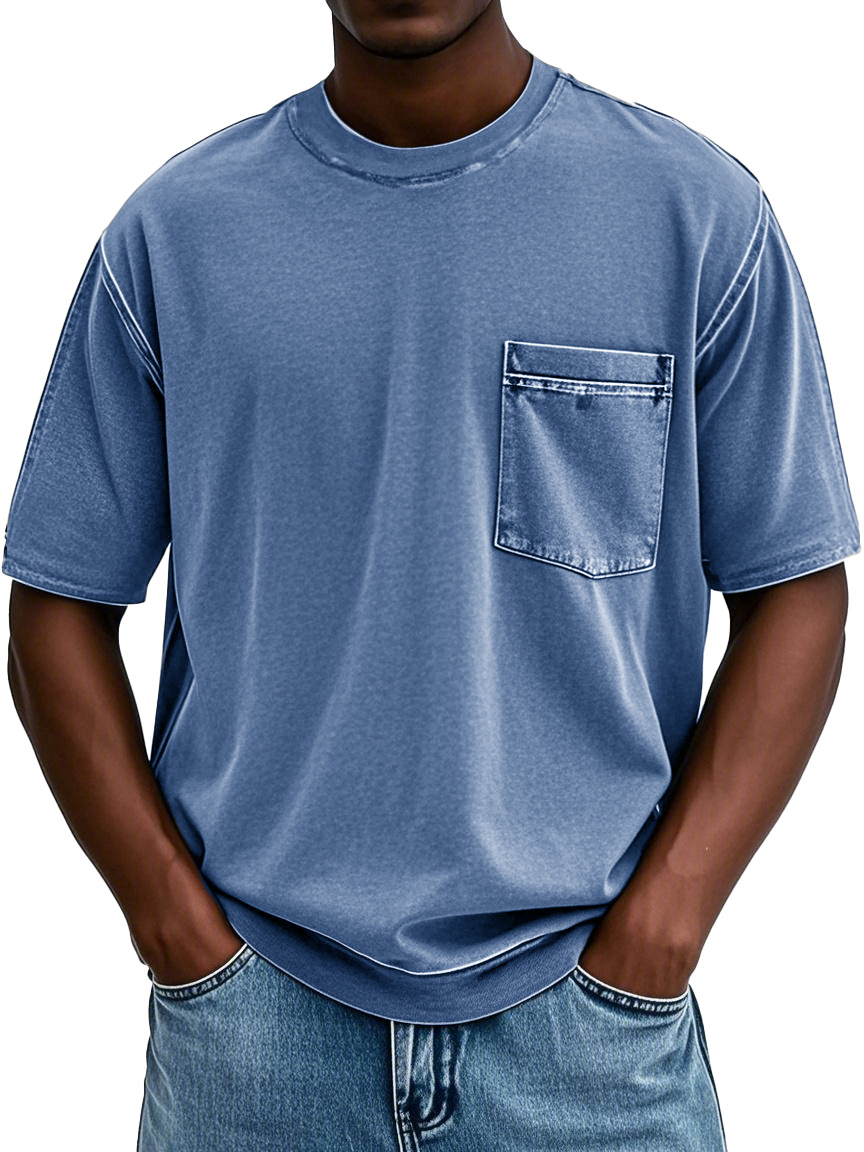 Men's Fashion Retro Distressed Round Neck Pocket Short-sleeved T-shirt