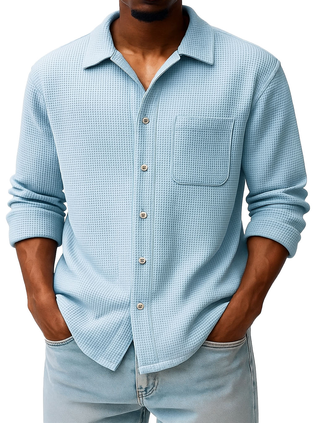 Men's Fashion Casual Waffle Fabric Pocket Long Sleeve Lapel Shirt