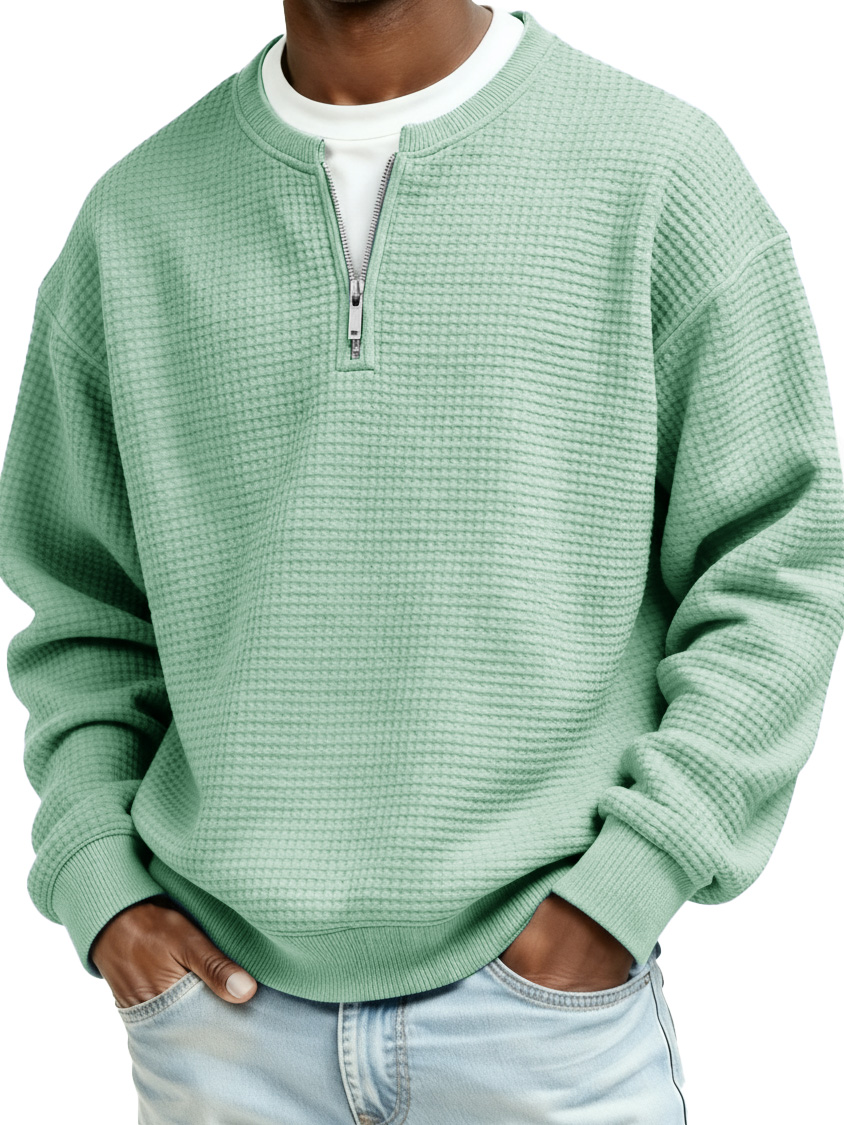 Men's Casual Faux Two-Piece Waffle Fabric Zipper Long-Sleeve Top