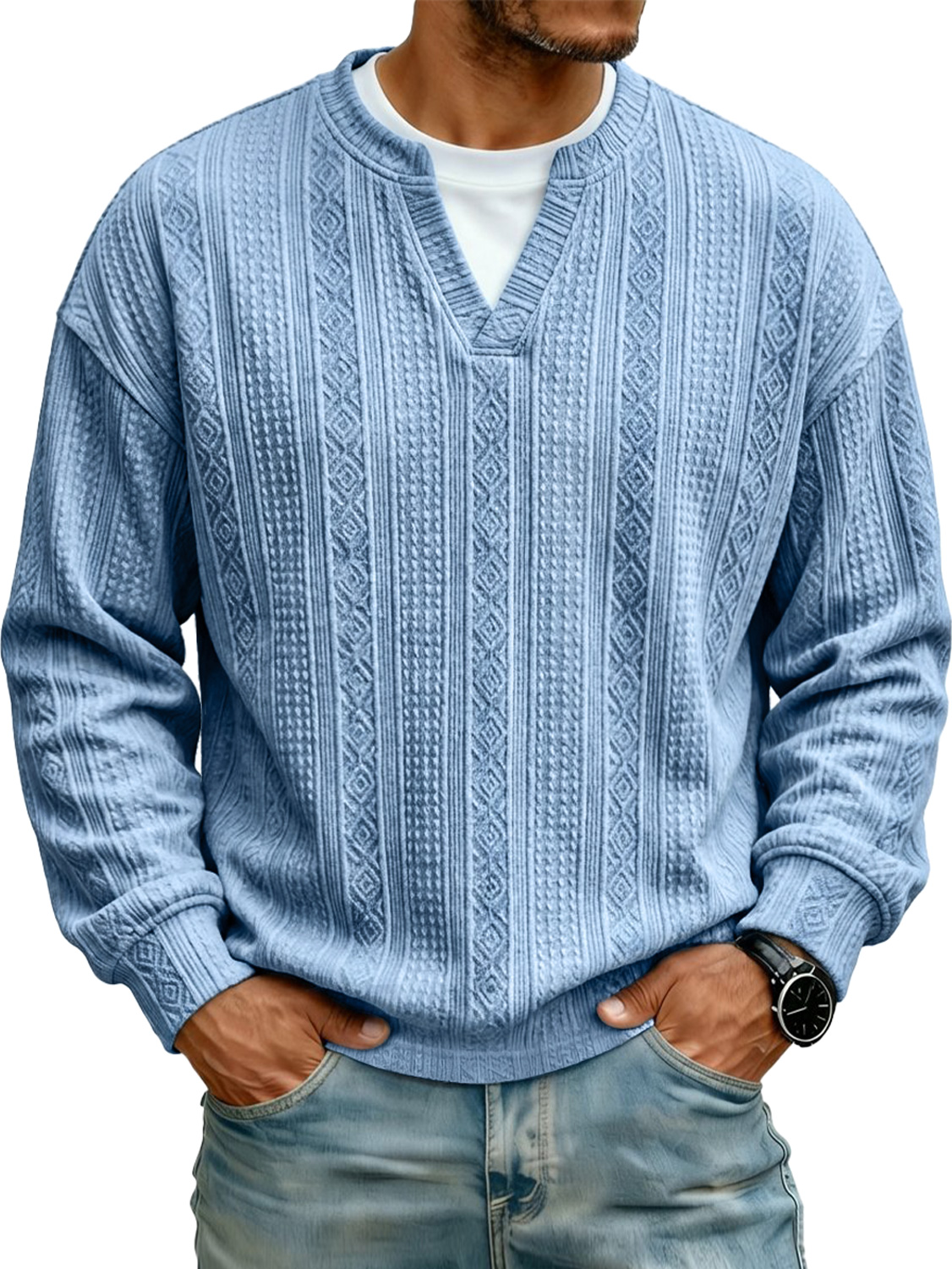 Men's Jacquard Faux Two-piece Casual Long-sleeved T-shi