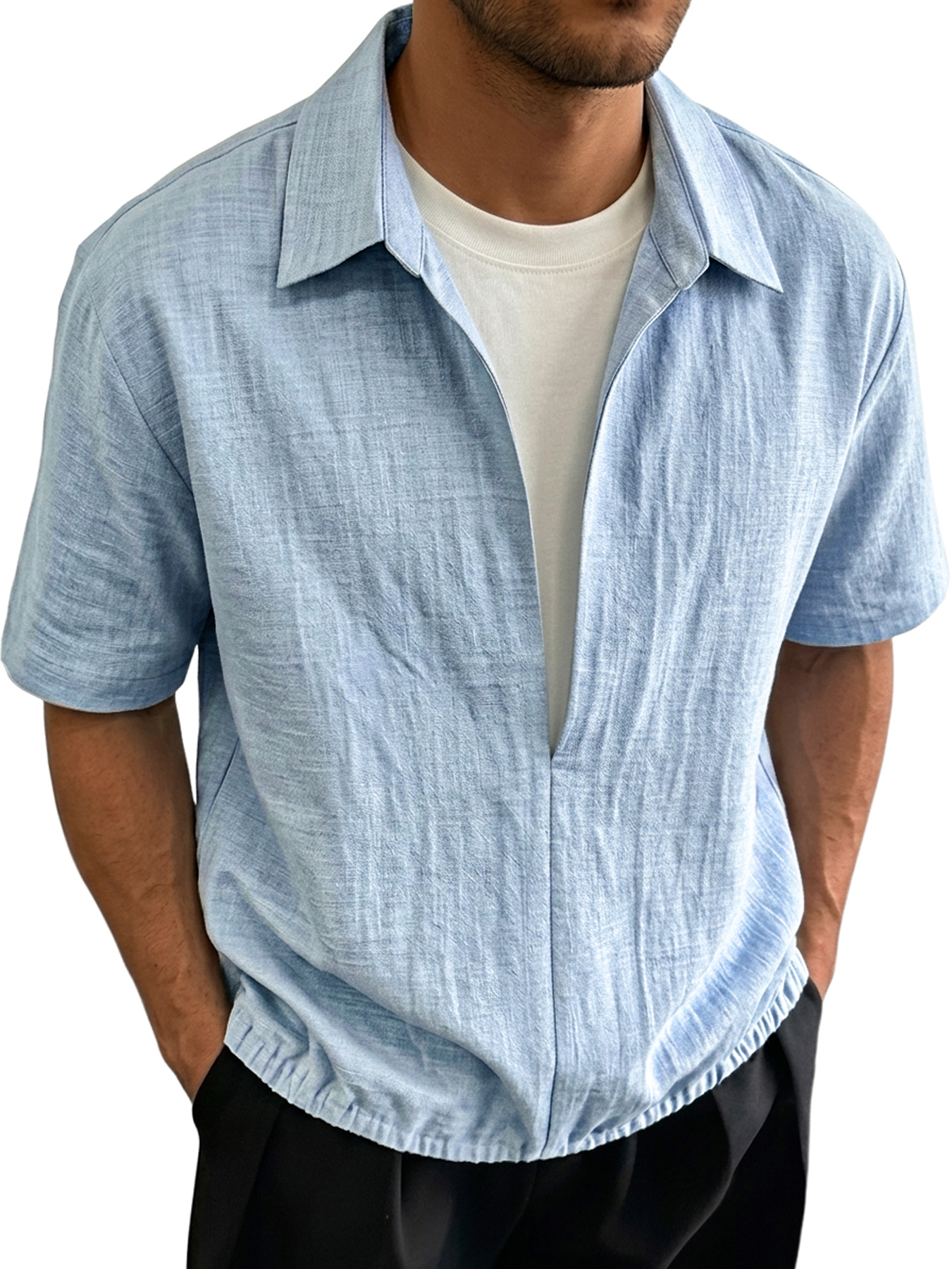 Men's Linen-style Collared Faux Two-piece Casual Comfortable Short-sleeved Polo Shirt