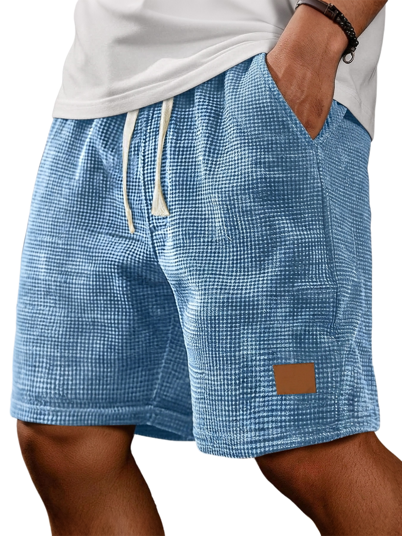 Men's Retro Corduroy Waffle Knit Embroidered Leather Label Casual Loose Shorts