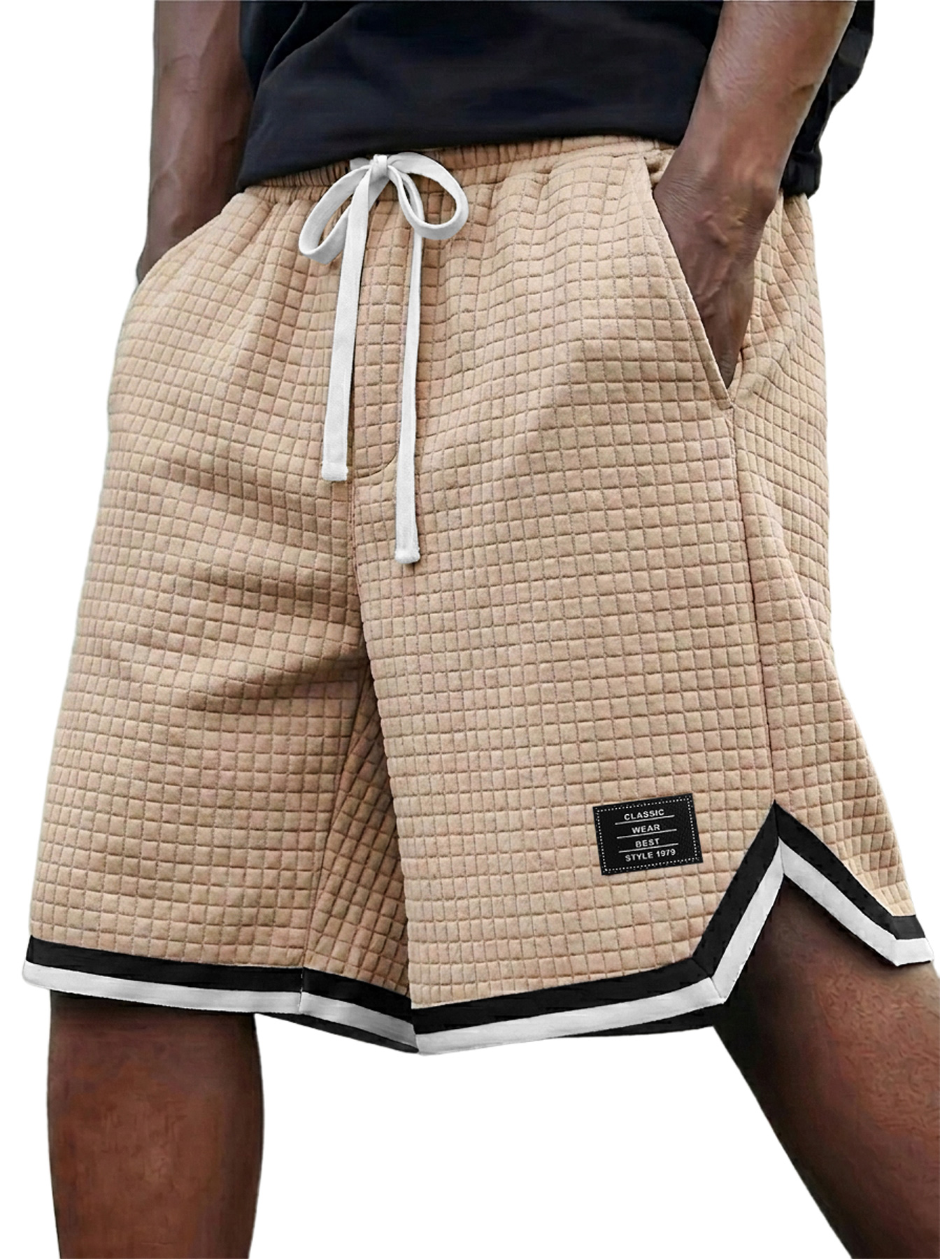 Men's Waffle Weave Ribbon Embroidered Logo Casual Shorts