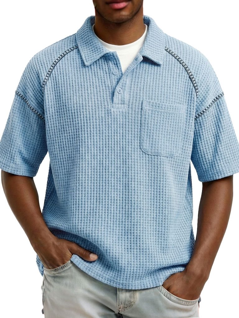 Men's Fashion Retro Raglan Waffle Gown Short-Sleeve Polo Shirt