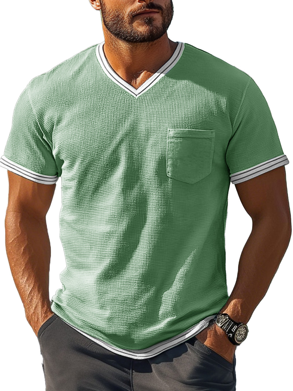Men's Fashion Retro Patchwork Textured Fabric V-neck Short-sleeved T-shirt