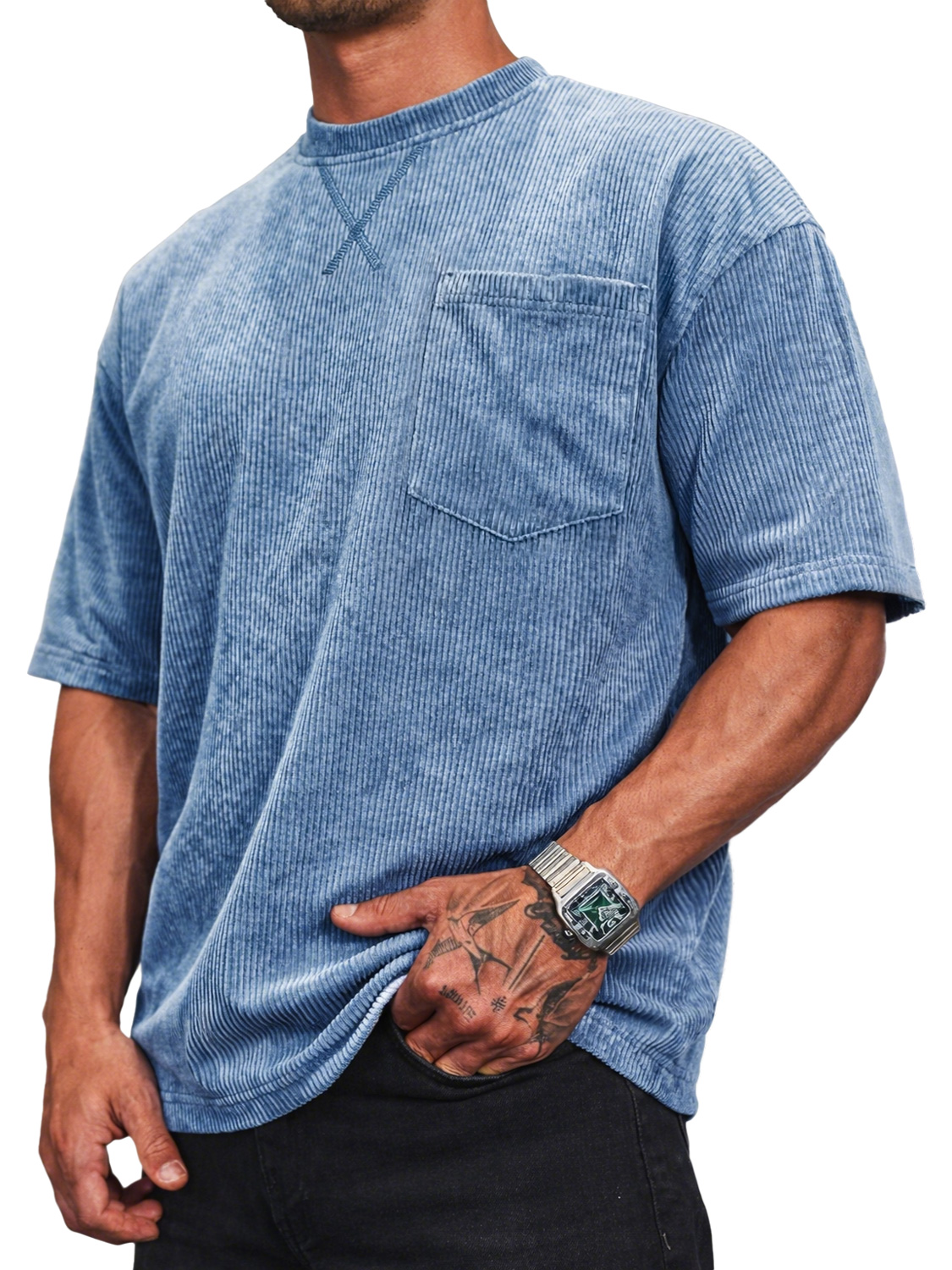 Men's Corduroy Crew Neck Short-sleeved T-shirt With A Crossover Design