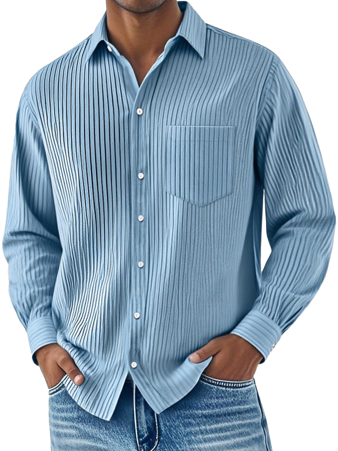 Men's Daily Ribbed Lapel Pocket Casual Long Sleeve Shirt