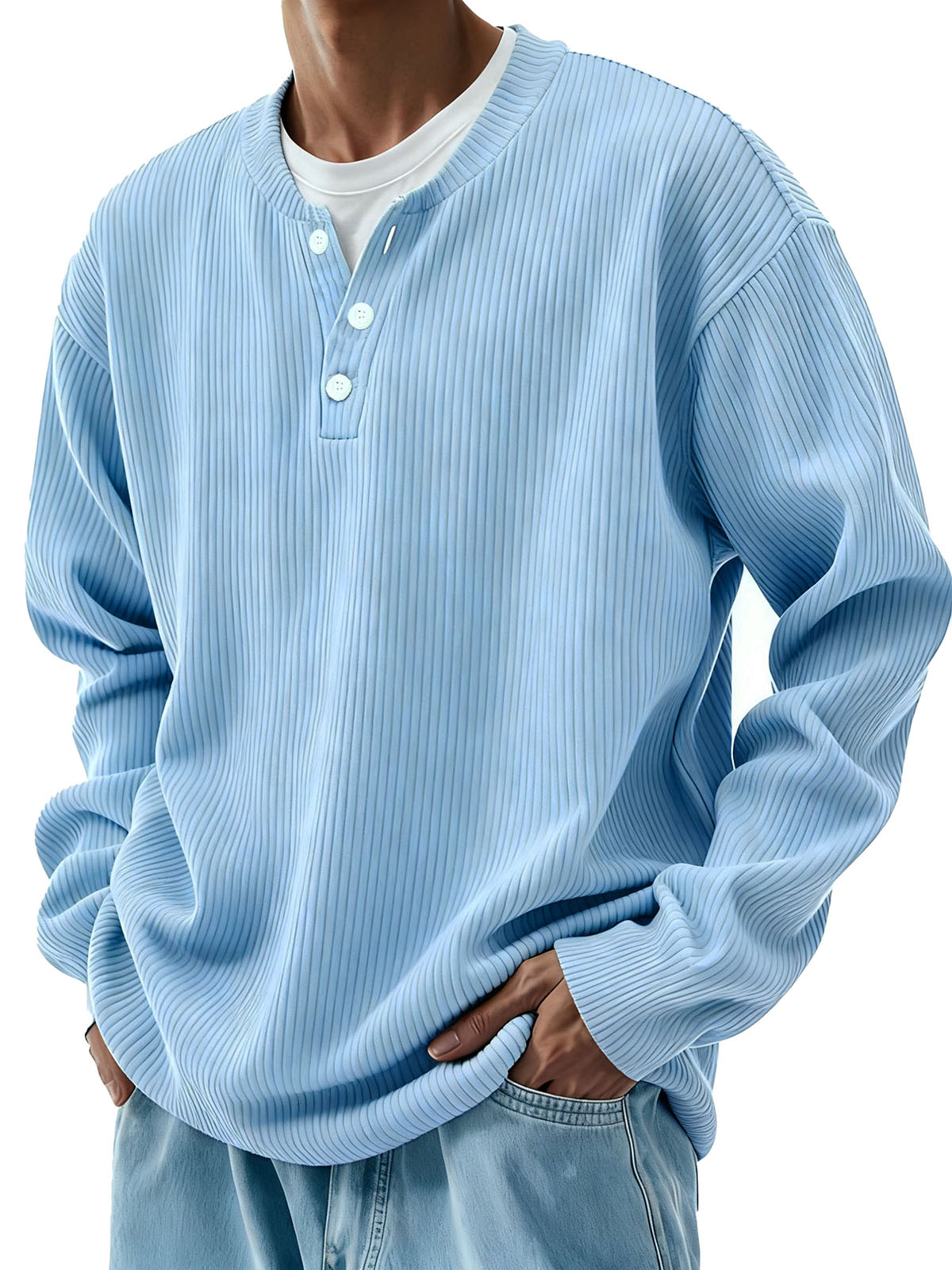 Men's Clothing Fashionable Casual Pit Strip Fabric Three-button Long-sleeved Henry Shirt