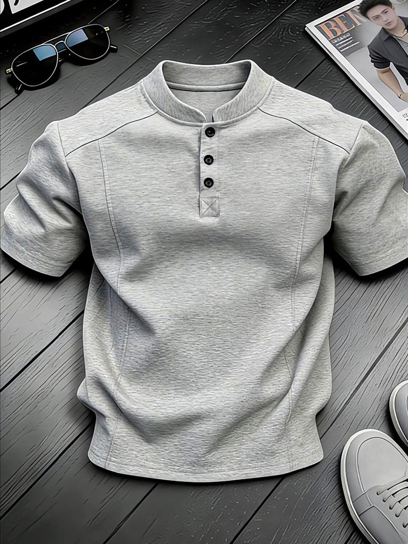 Men's Stand-up Collar Button-down Design Casual Short-sleeved Henley Shirt