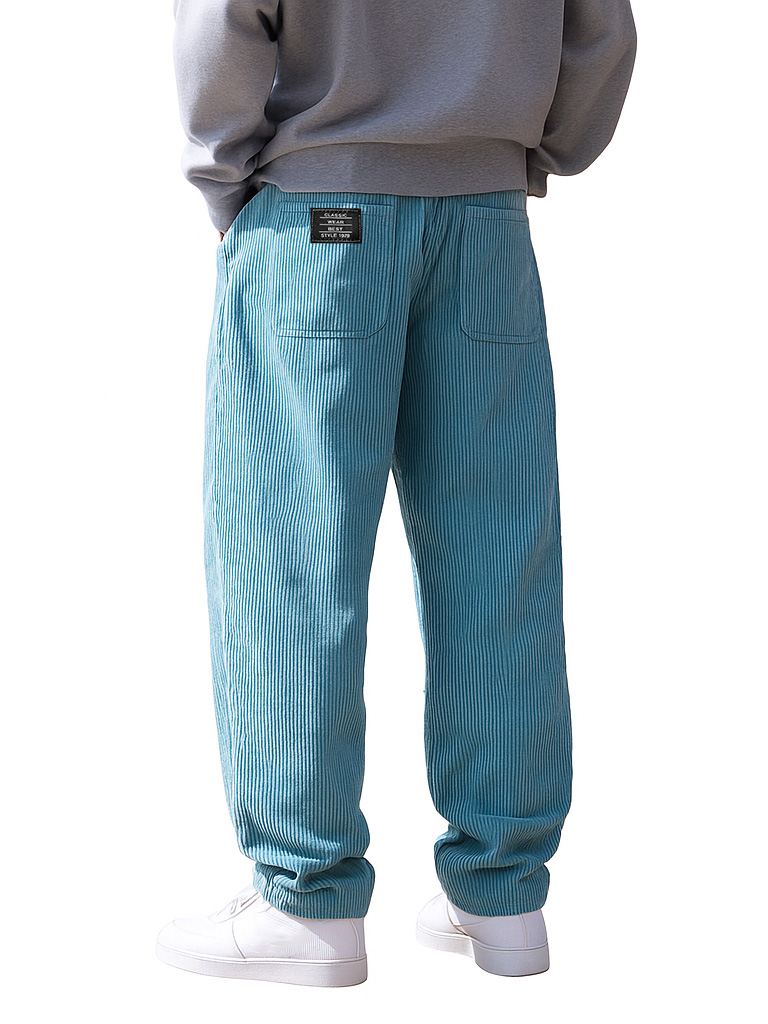 Men's Stylish Everyday Corduroy Fabric Pocket Loose Drawstring Elastic Waist Embroidered Logo Trousers