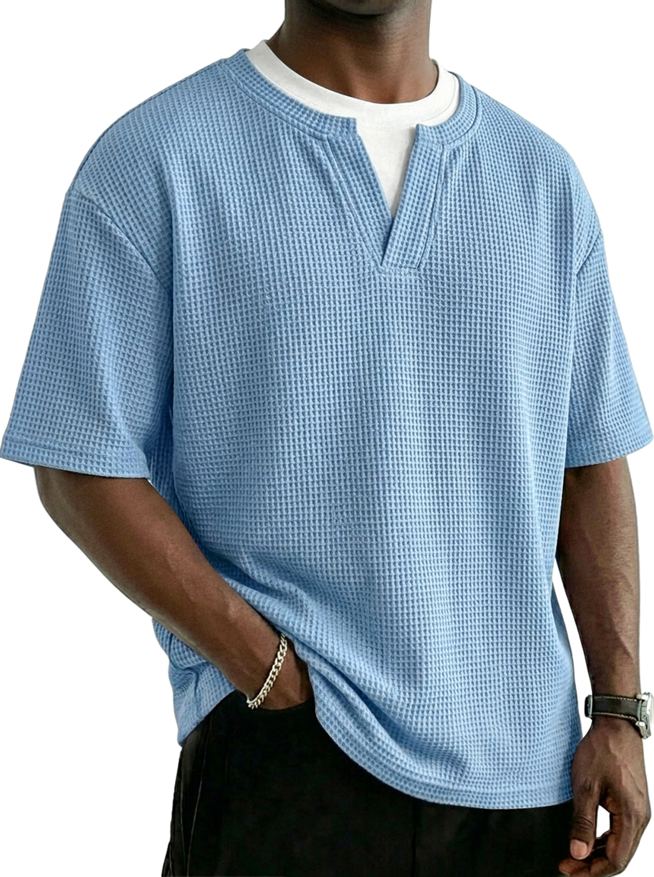 Men's Waffle-knit Faux Two-piece Casual Solid Color Short-sleeved T-shirt