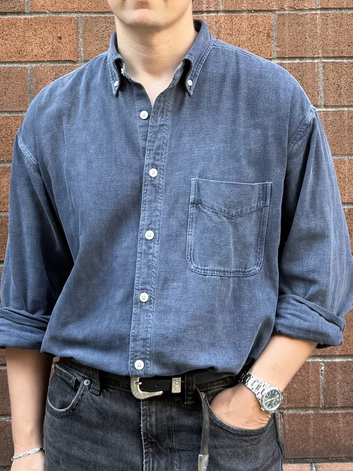 Men's Retro Fashion Distressed Pocket Long-Sleeve Shirt