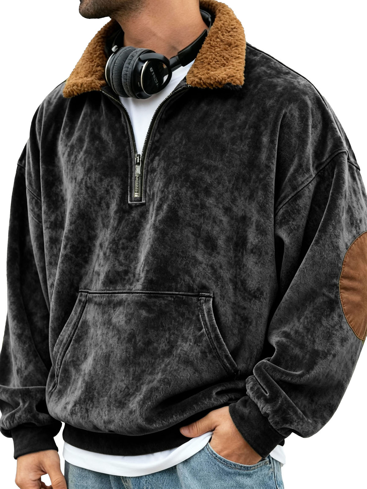 Men's Retro Patchwork Stand Collar Plush Pocket Stand Collar Zipper Sweatshirt