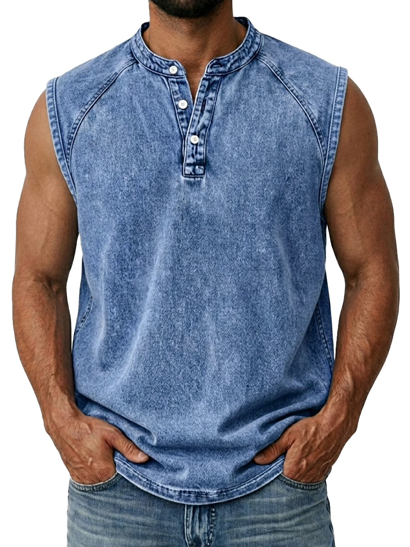 Men's Retro Raglan Collar Button Casual Sleeveless Henley Shirt