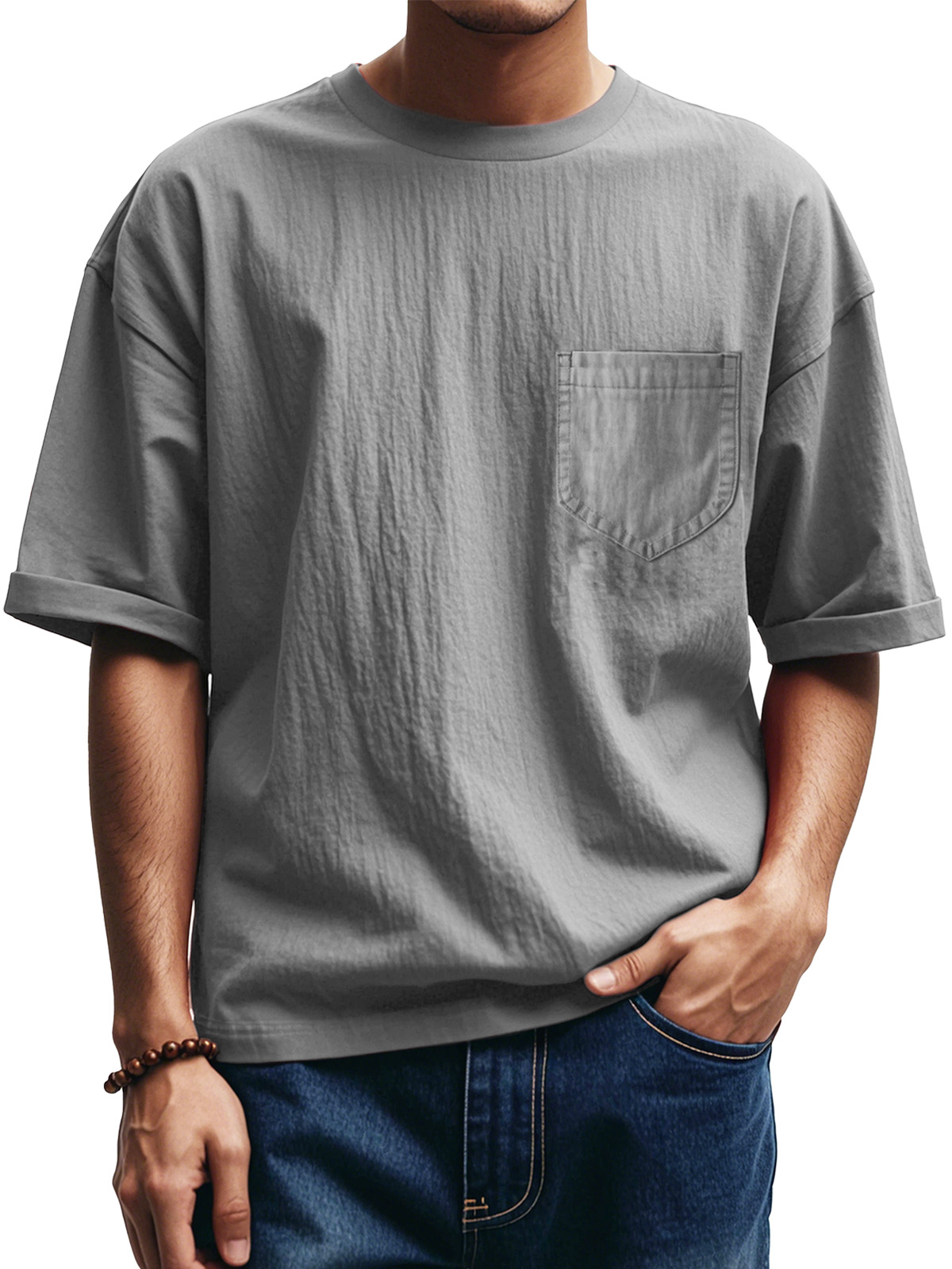 Men's Fashion Casual Pleated Round Neck Short Sleeve Pocket T-Shirt