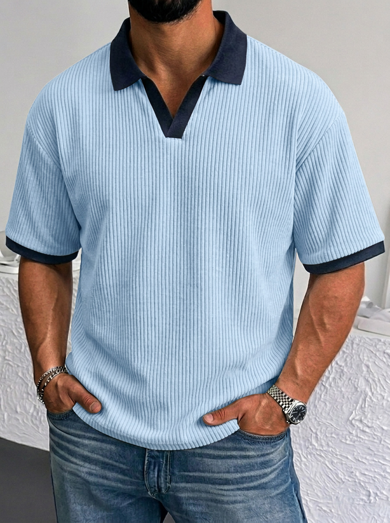 Men's Simple Ribbed Color Block Casual Short-Sleeve Polo Shirt