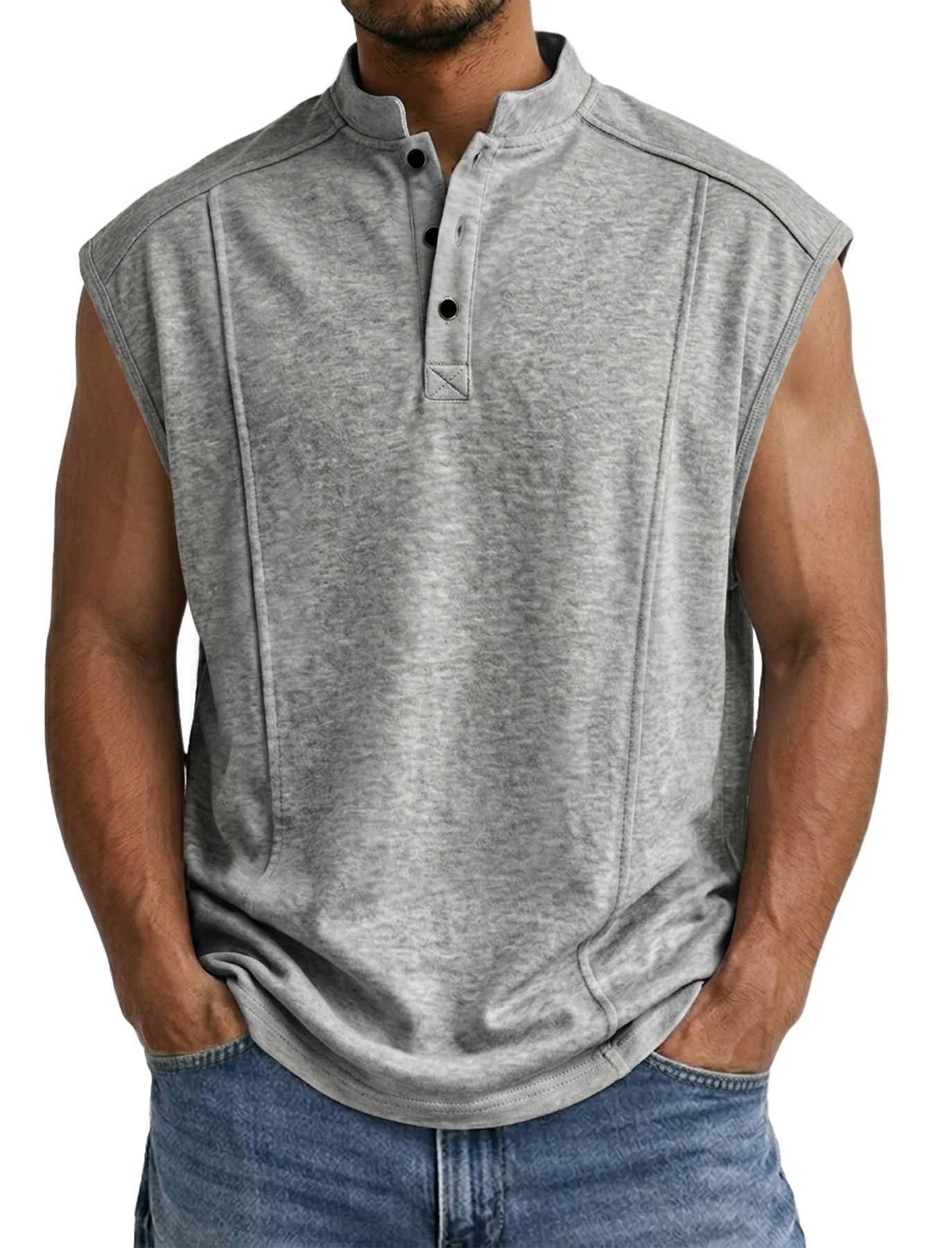 Men's Casual Stand Collar Button Deconstructed Design Solid Color Sleeveless Vest