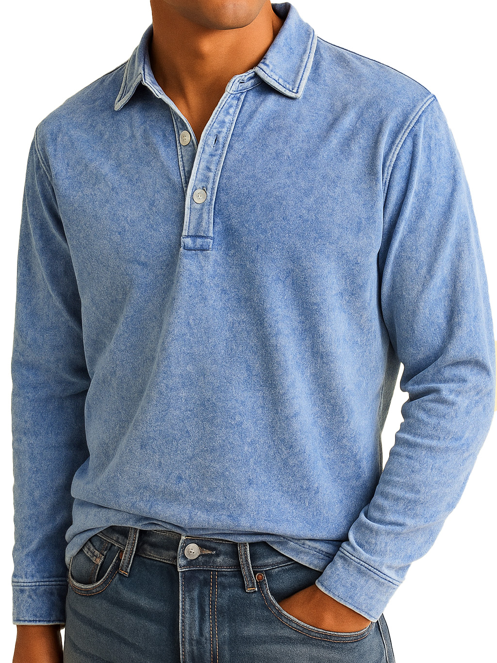 Men's Stylish Vintage Washed And Distressed Lapel Long-sleeved Polo Shirt