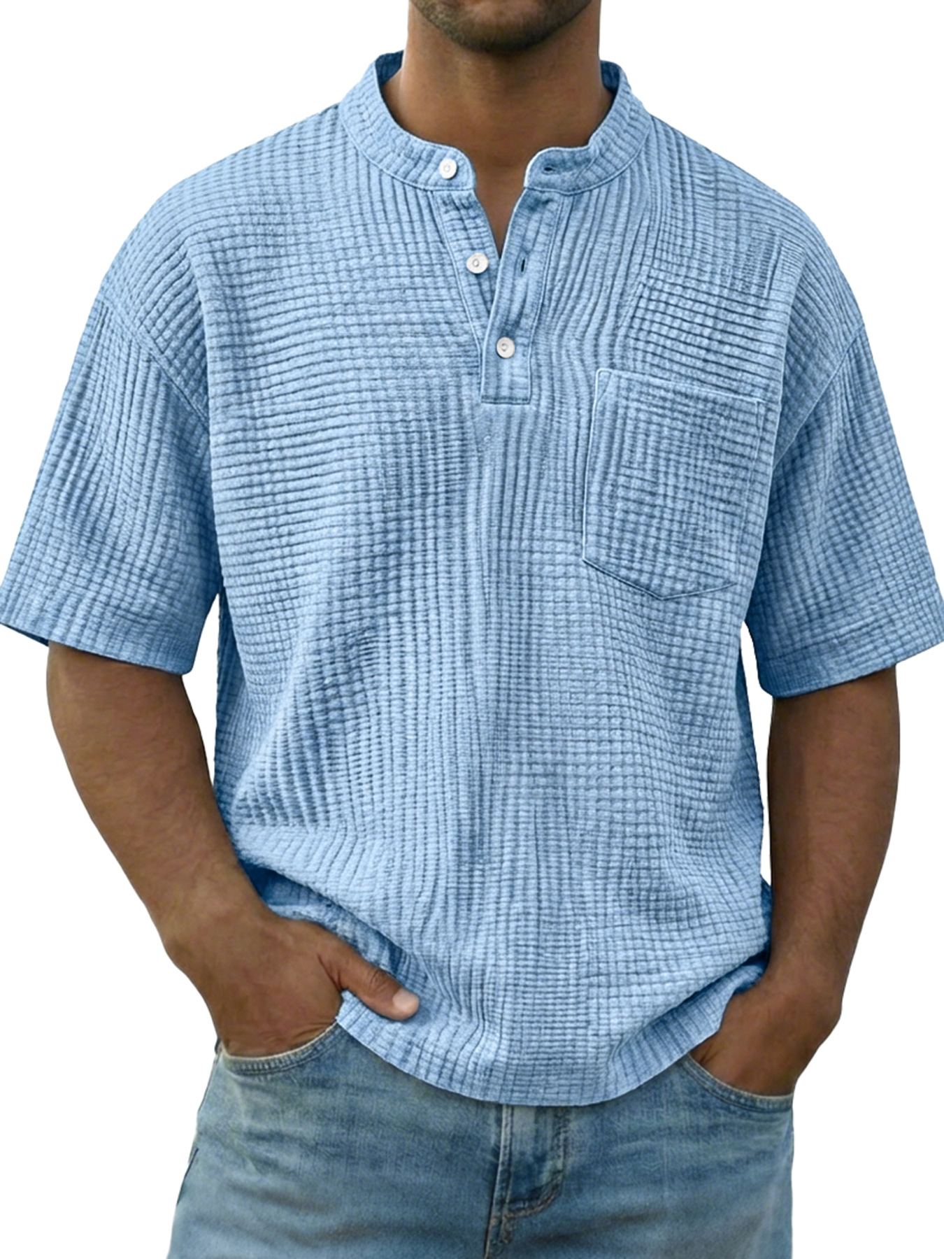 Men's Casual Wrinkled Comfortable Short-sleeved Henley Shirt With Pockets
