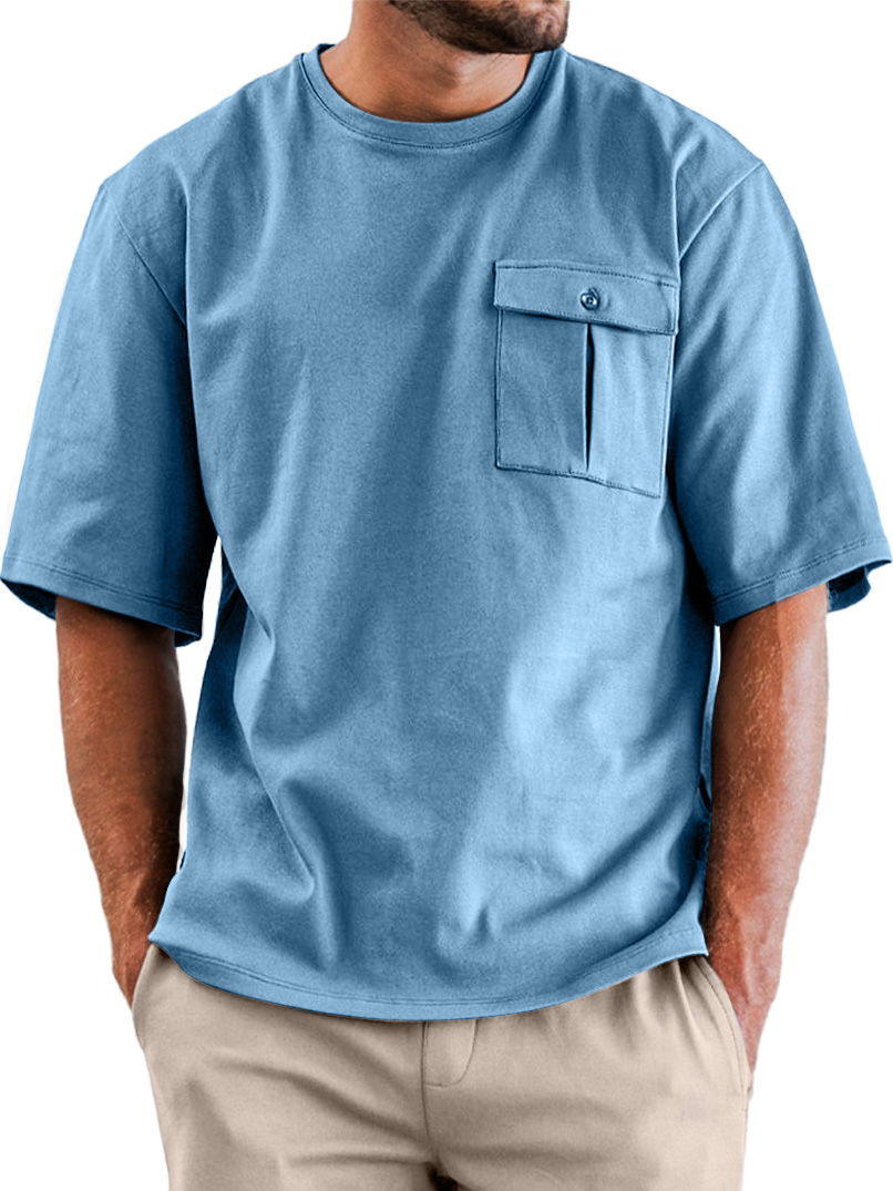 Men's Daily Round Neck Pocket Casual Solid Color Short Sleeve T-shirt