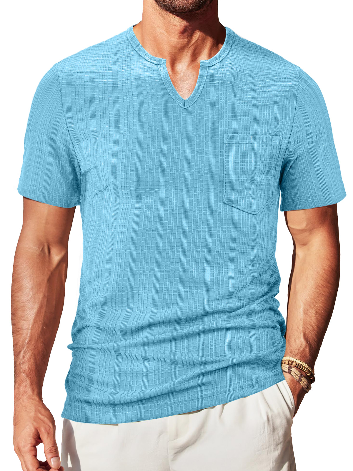Men's V-neck Textured Pocket Solid Color Short-sleeved T-shirt