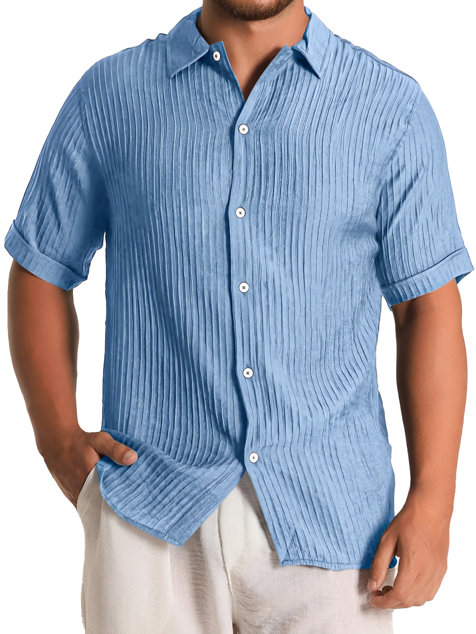 Men's Fashion Daily Pleated Casual Solid Color Short Sleeve Shirt