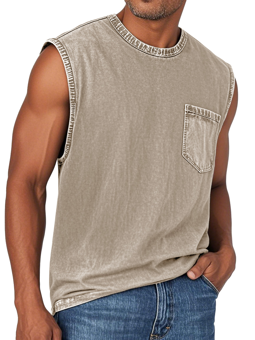 Men's Fashion Retro Washed Round Neck Pocket Sleeveless T-shirt