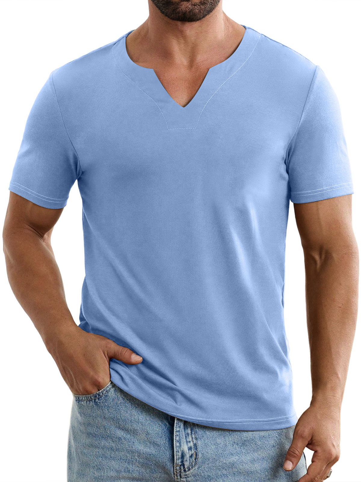 Men's Casual V-neck Solid Color Comfortable Short-sleeved T-shirt
