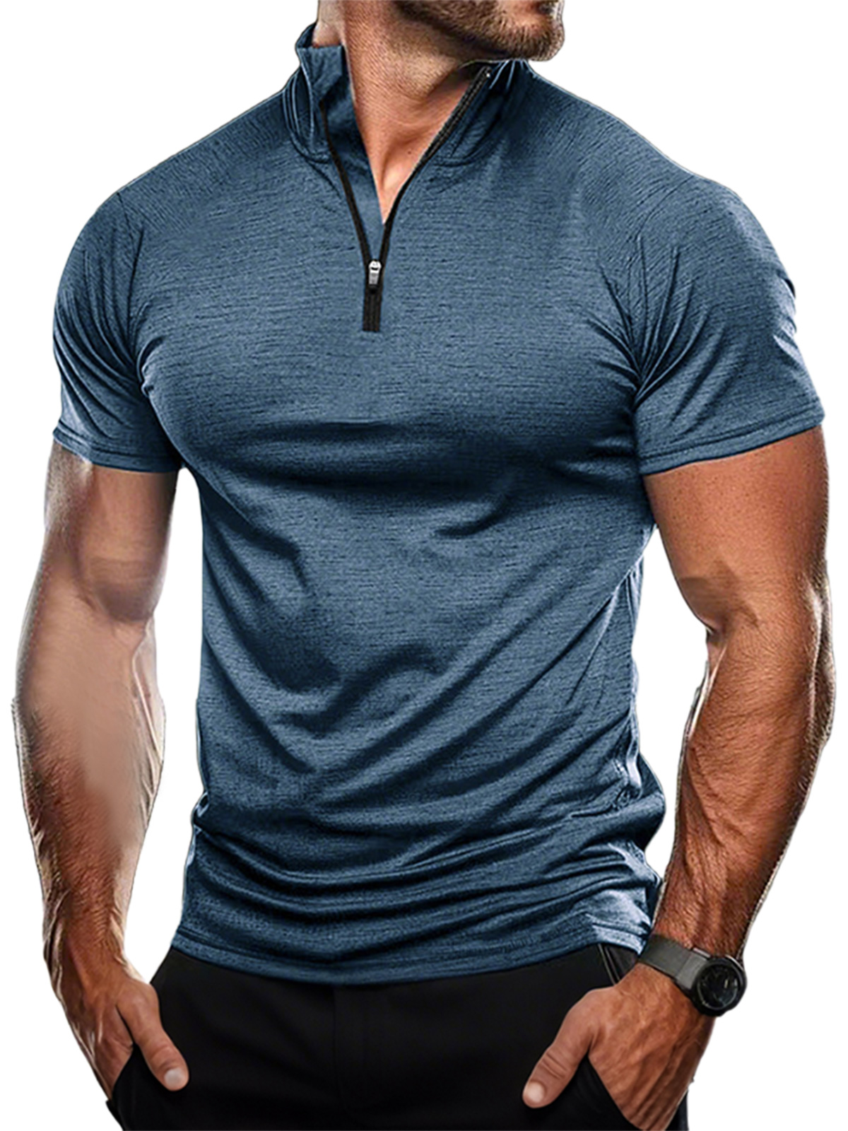 Men's Casual Stand Collar Zipper Quick-drying Solid Color Short-sleeved T-shirt