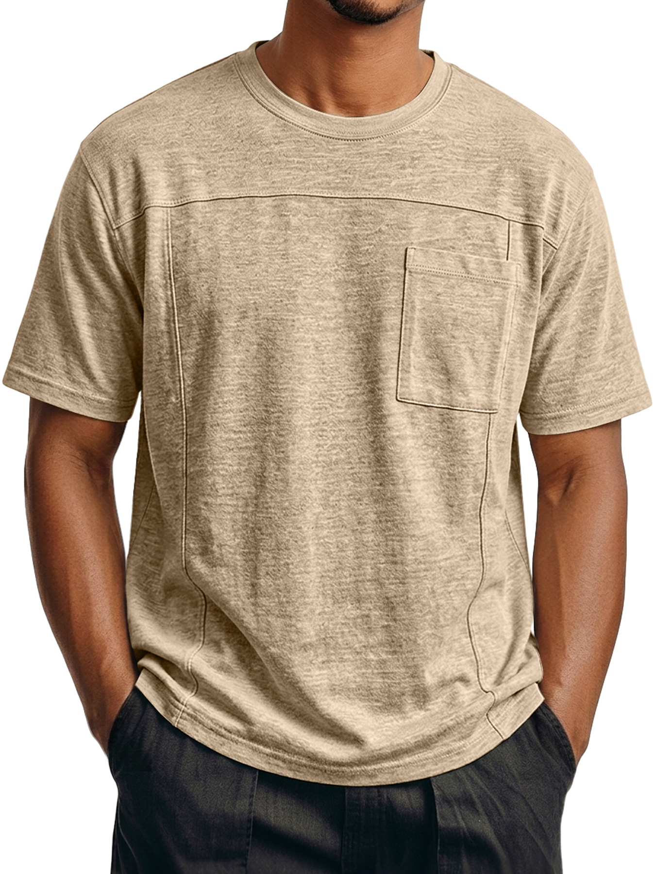 Men's Crew Neck Short-Sleeve T-Shirt with Deconstructed Design and Pocket
