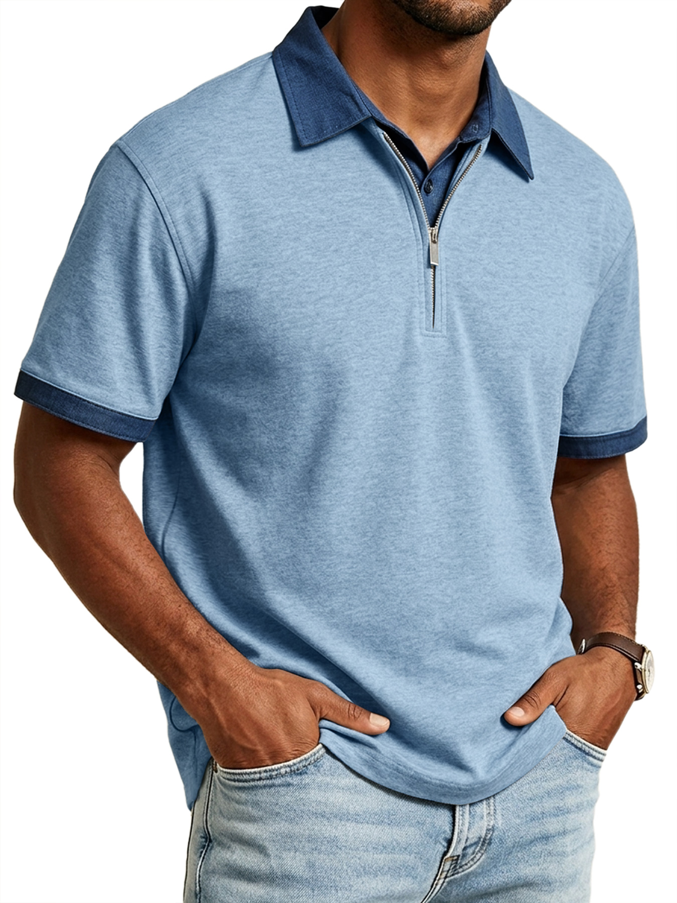 Men's Casual Faux Two-Piece Collared Zipper Color Block Short-Sleeve Polo Shirt