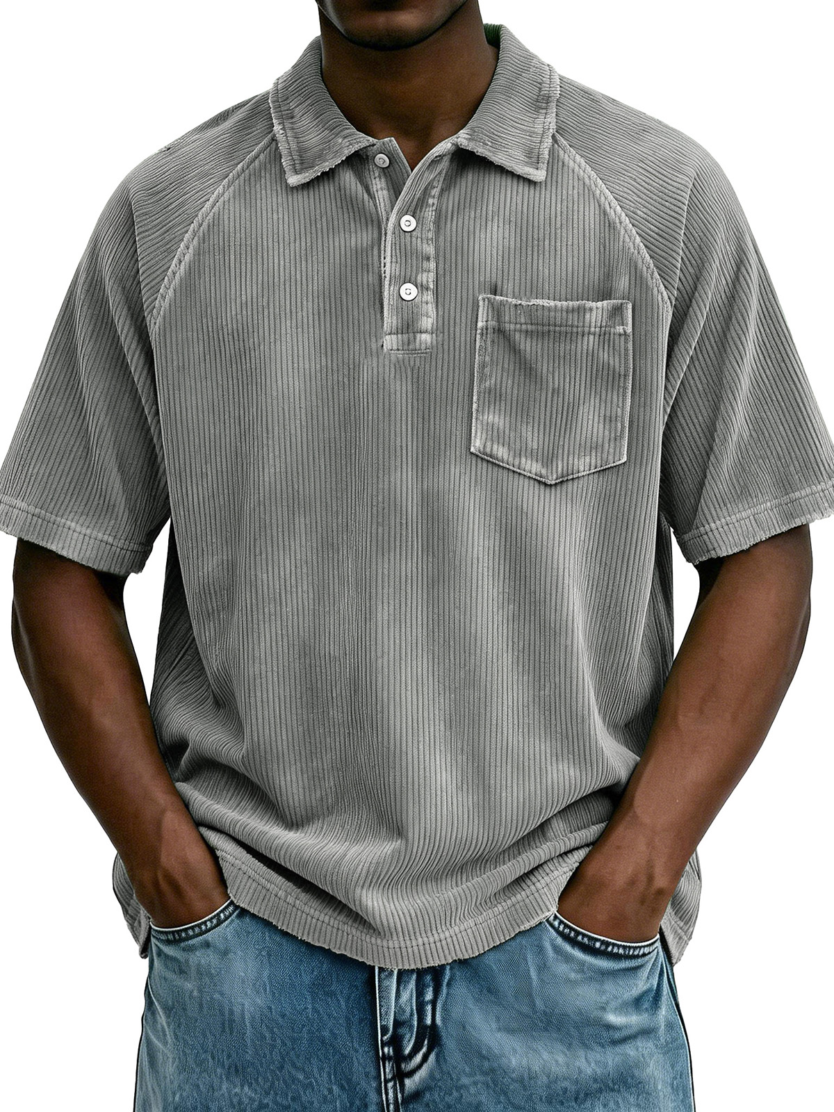 Men's Retro Raglan Pocket Zipper Loose Short-Sleeve Polo Shirt