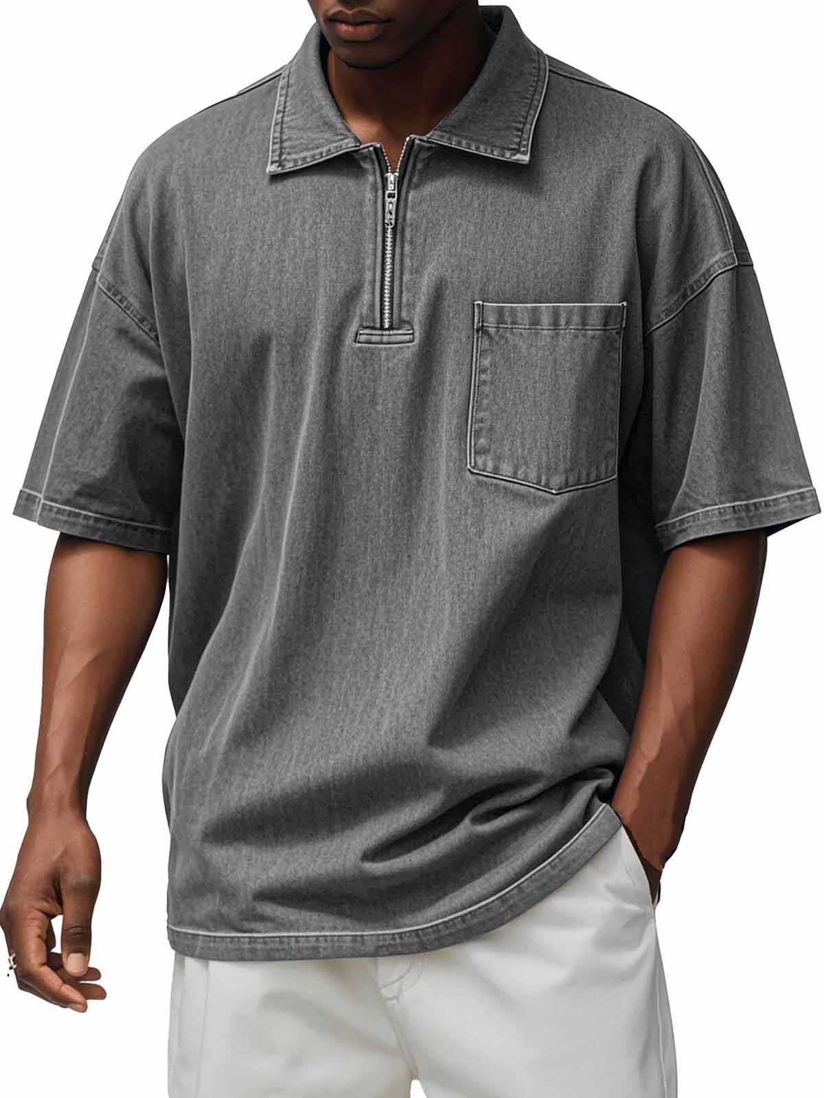 Men's Retro Distressed Zip Pocket Short Sleeve Polo Shirt