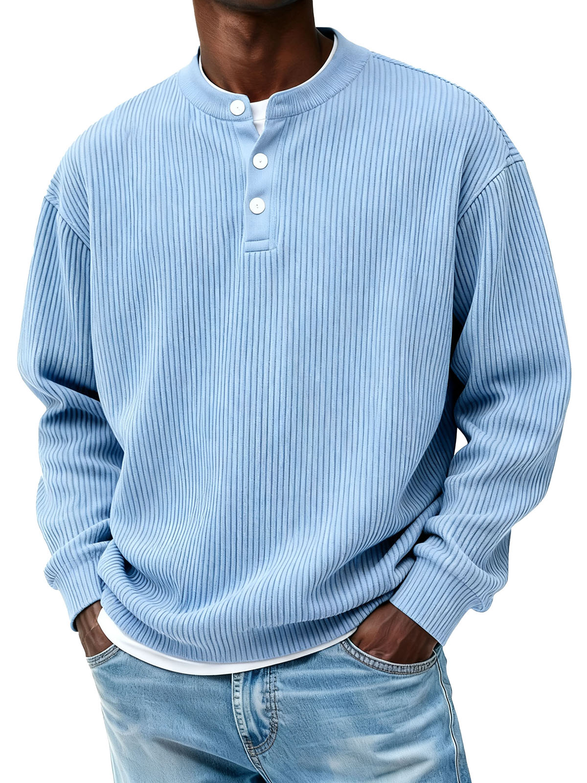 Men's Casual Pit Strip Fabric Three-button Long-sleeved Henry Shirt