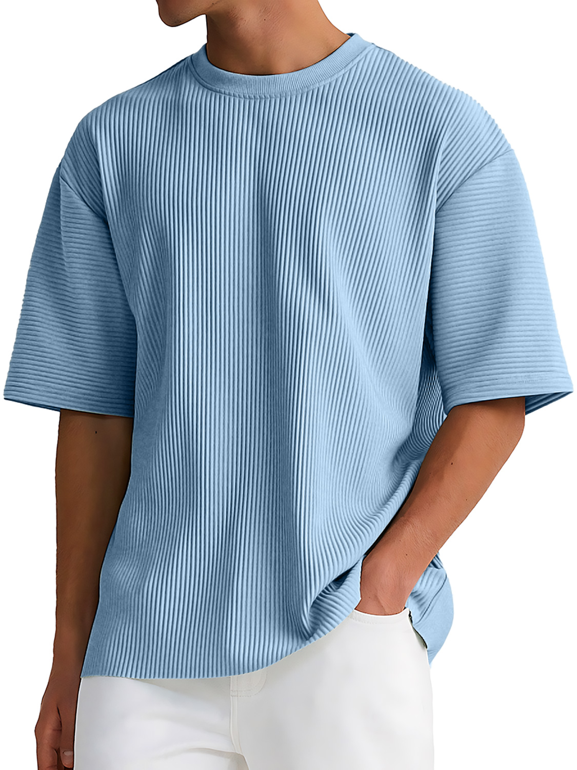 Men's Daily Round Neck Ribbed Texture Casual Solid Color Short-sleeved T-shirt