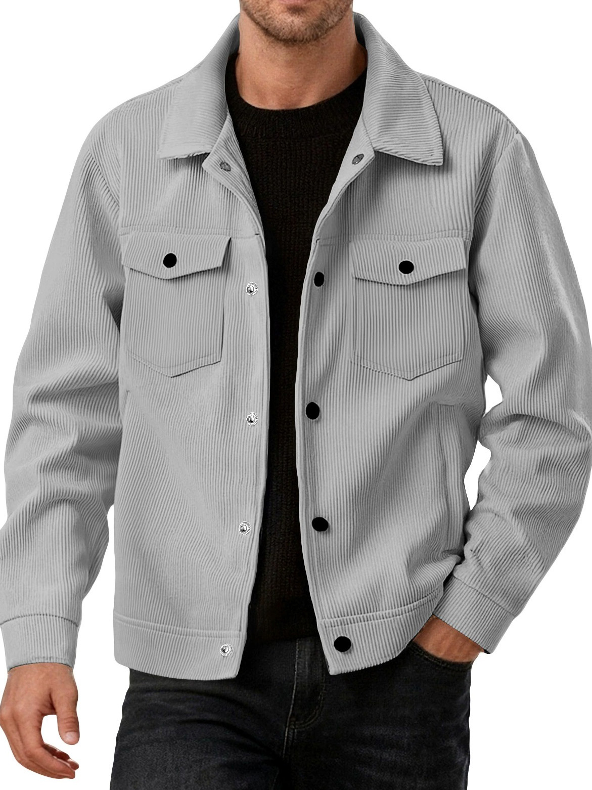 Men's Fashionable Casual Ribbed Fabric Long-Sleeved Pocket Jacket