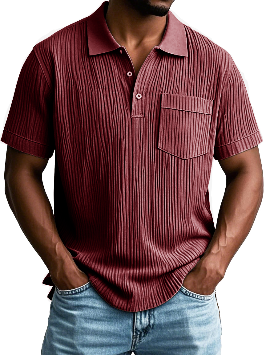 Men's Fashion Casual Striped Fabric Pocket Short Sleeve Lapel Polo Shirt