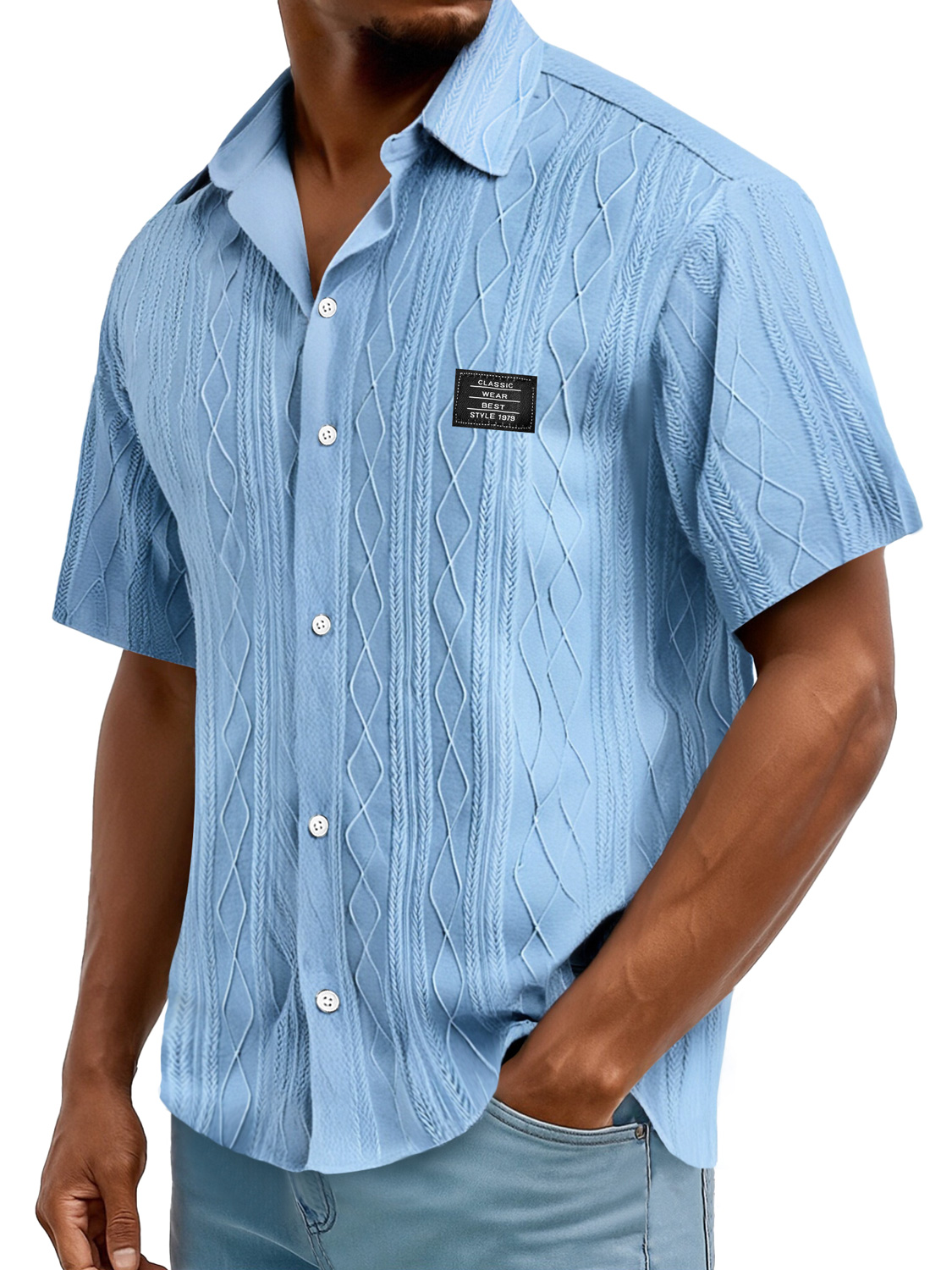 Men's Daily Casual Texture Embroidered Logo Solid Color Comfortable Short-sleeved Shirt