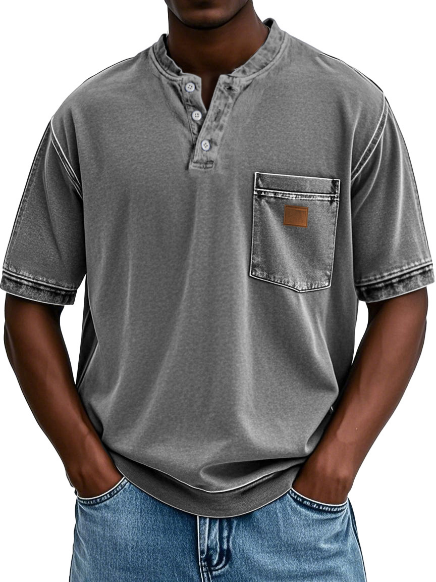 Men's Retro Distressed Embroidered Pocket Short-sleeved Henley Shirt
