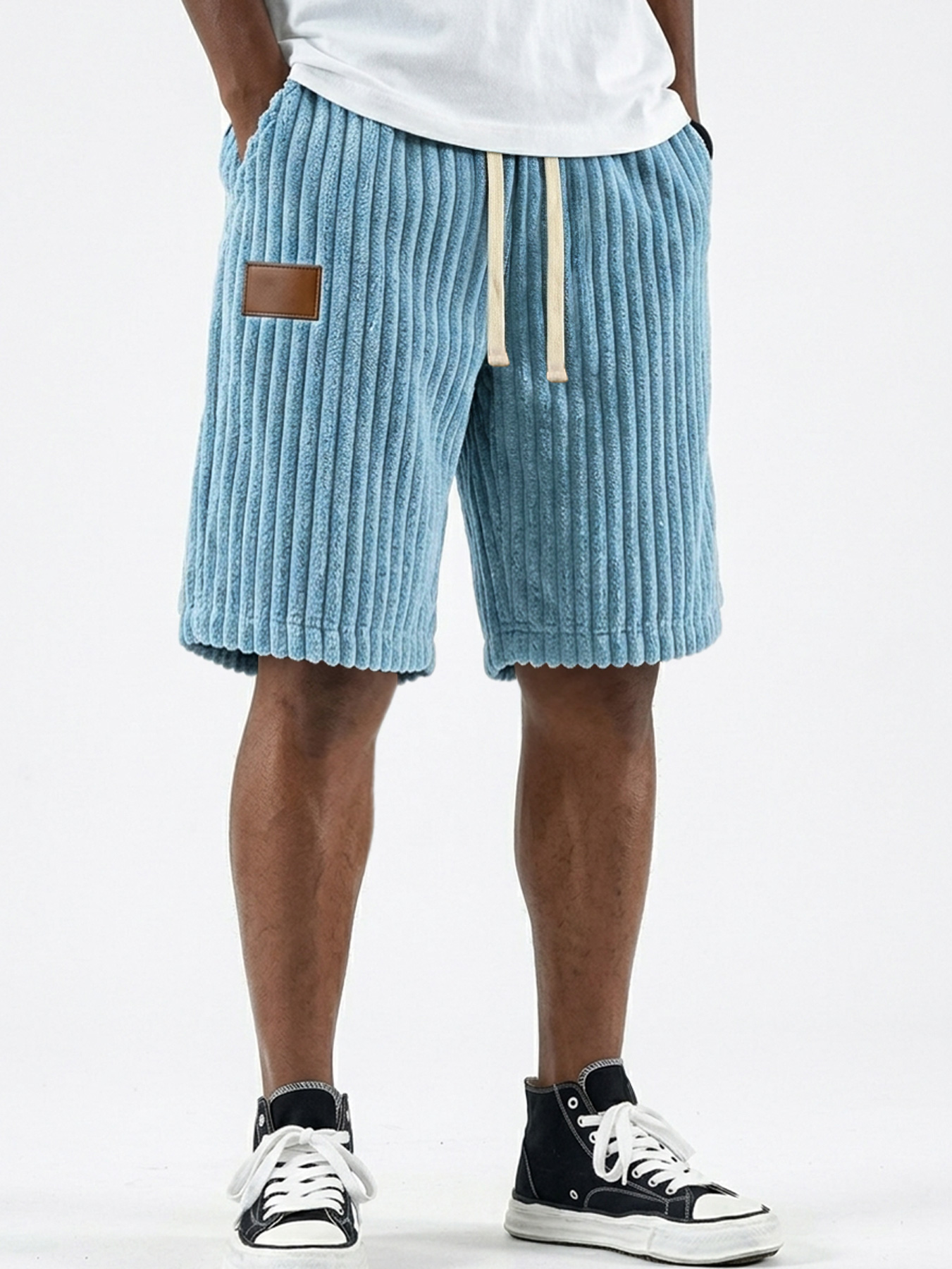 Men's Retro Corduroy Leather Label Casual Loose Shorts