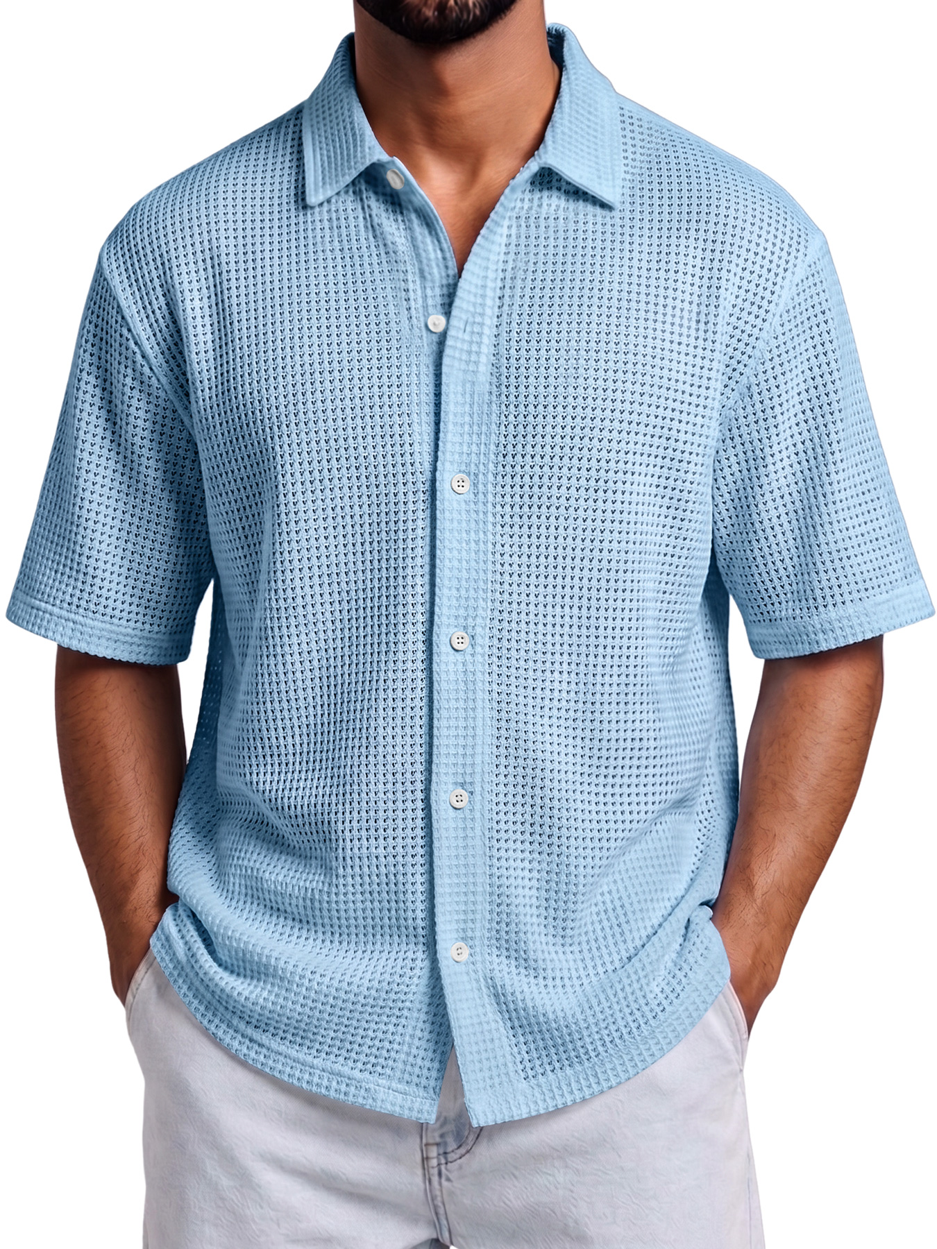 Men's Solid-Color Waffle-Knit Casual Short-Sleeve Shirt