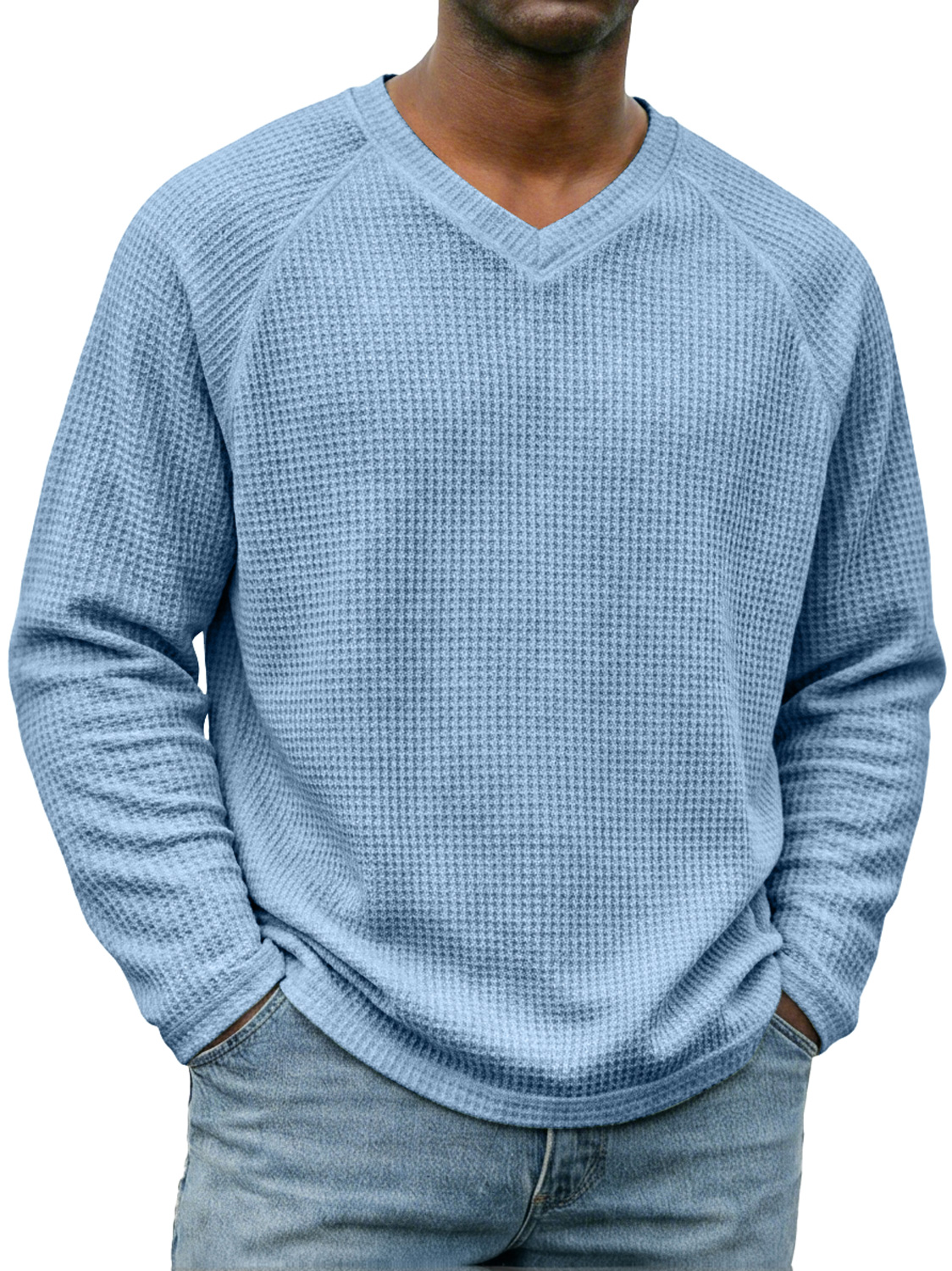 Men's Simple V-neck Raglan Sleeve Waffle Knit Casual Long-sleeved T-shirt