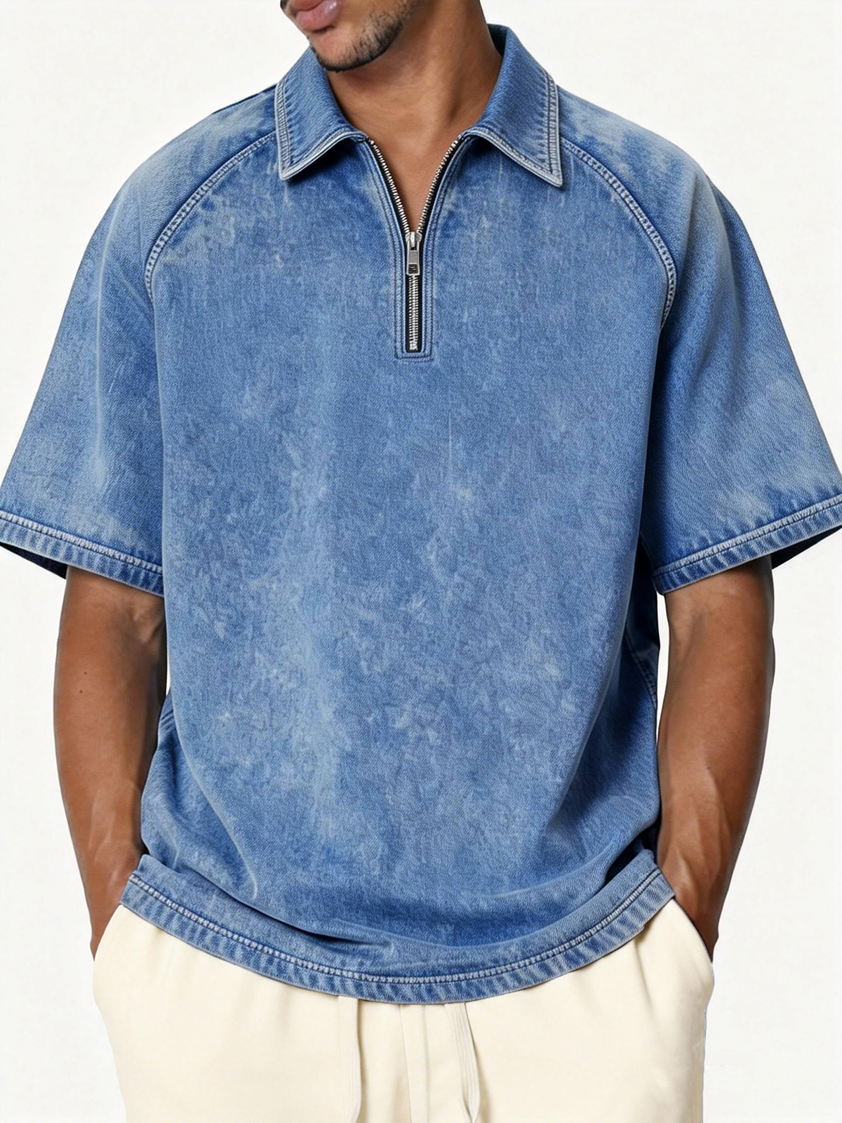 Men's Retro Distressed Raglan Collar Zipper Loose Short-Sleeve Polo Shirt