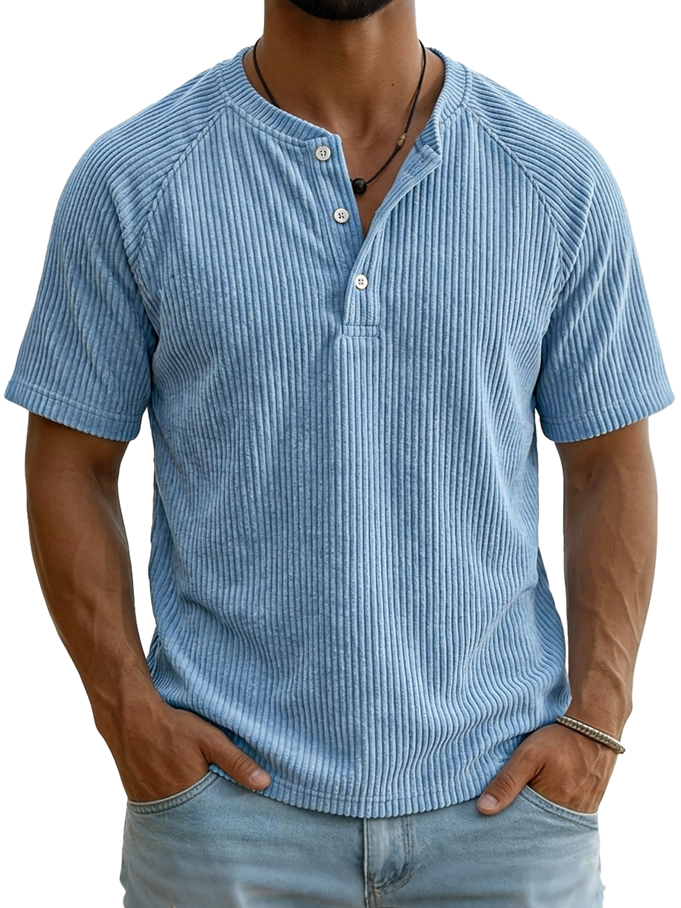 Men's Retro Corduroy Raglan Casual Short-Sleeve Henley Shirt