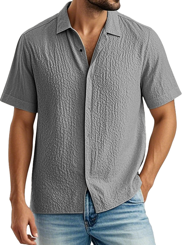 Men's Fashion Casual Pleated Fabric Lapel Short Sleeve Shirt